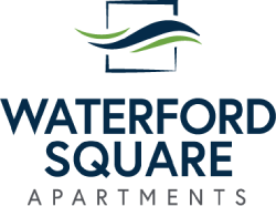 a logo for waterford square apartments with a blue fish on a green background